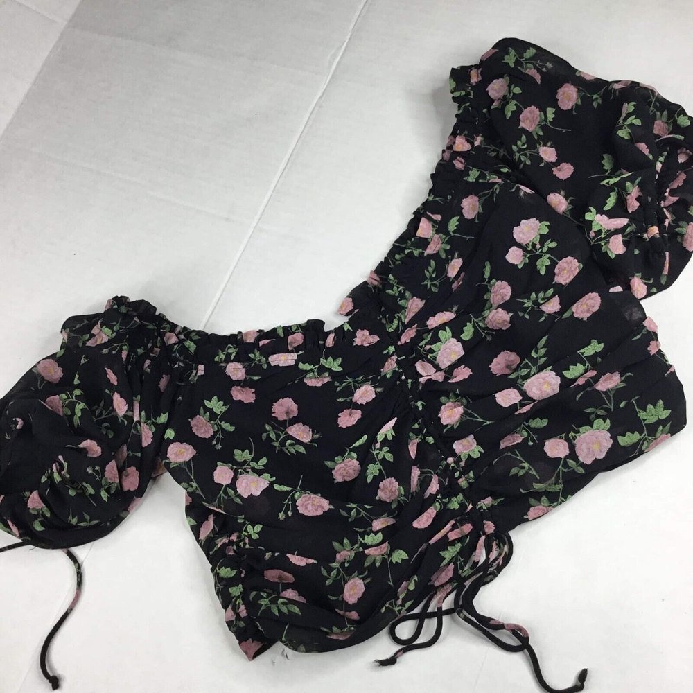Cotton Candy LA Floral Ruched Off Shoulder Short Sleeves Zip Tie Cropped Top L
